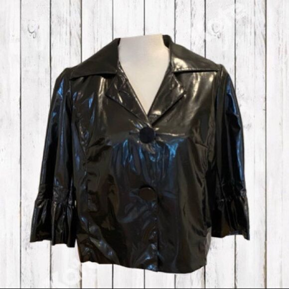 Sandro Sportswear Black Blazer Swing Bell Sleeve Vinyl Look Jacket Size Small - Picture 1 of 16